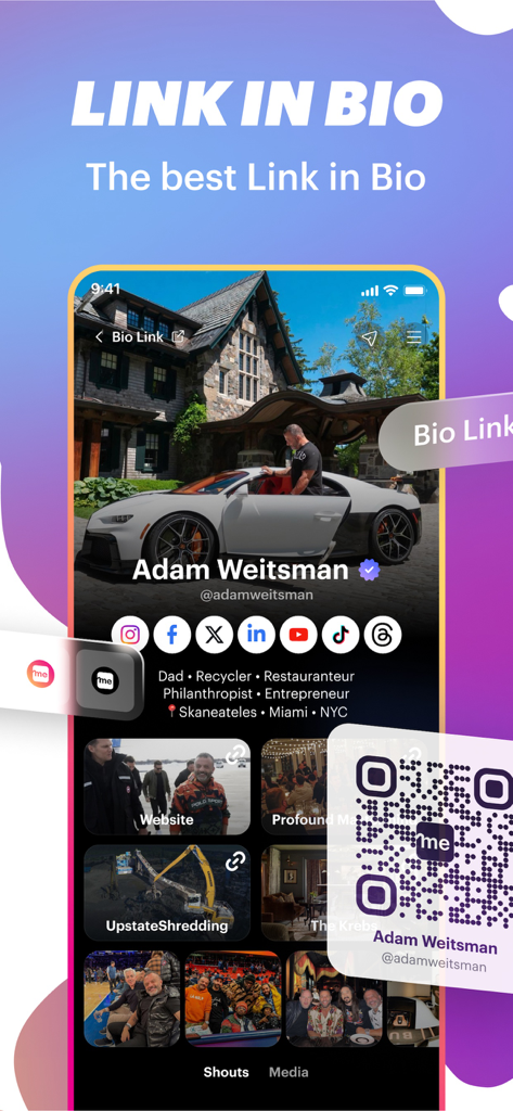 Linkme | Link, Network, Shout! - Un profilo di un'app mobile su Linkme che mostra link di social media e un codice QR personale