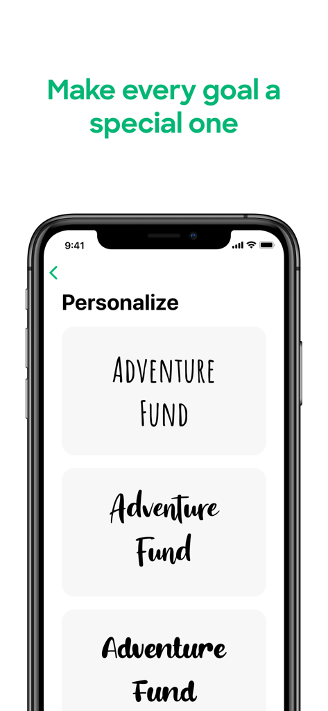 Loot - Savings Goal & Tracker - Pantalla de personalización en la aplicación Loot mostrando diferentes estilos de fuente para la etiqueta de una meta de ahorro