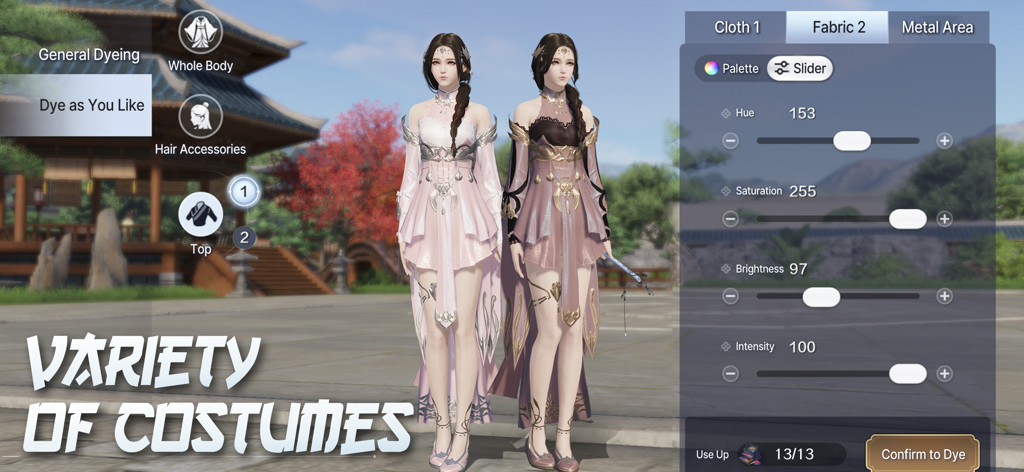 Character customization and costume dyeing interface in Moonlight Blade Mobile featuring traditional Chinese style dresses.
