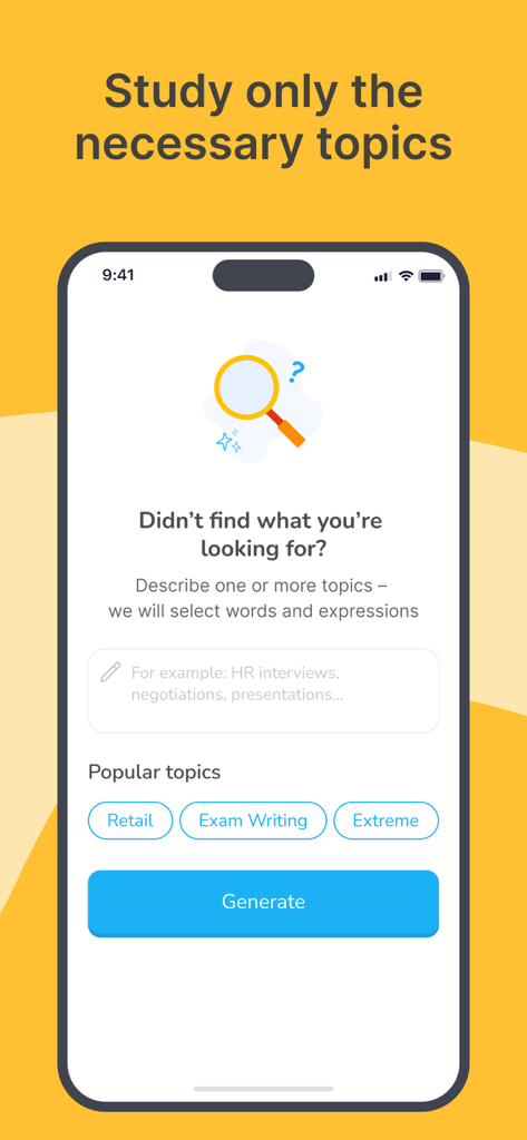 AI French Minute - Custom topic generation screen in the AI French Minute app