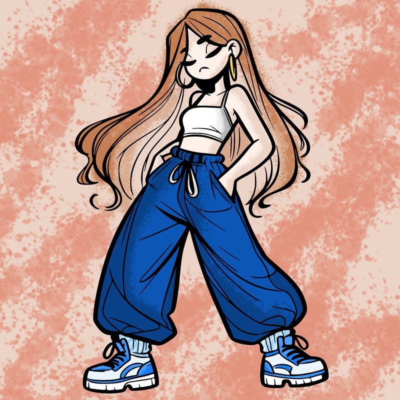 girl in baggy pants crop top and long hair