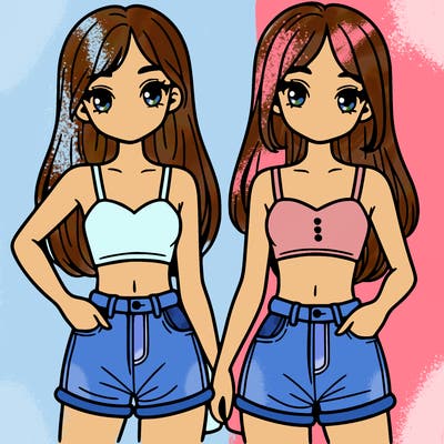 two sisters with crop tops and jean shorts and straight hair
