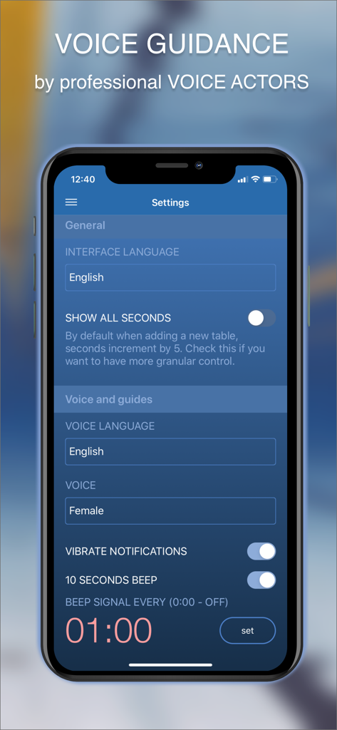 STAmina Apnea Trainer - STAmina app settings screen for selecting professional voice guidance and notification beeps.