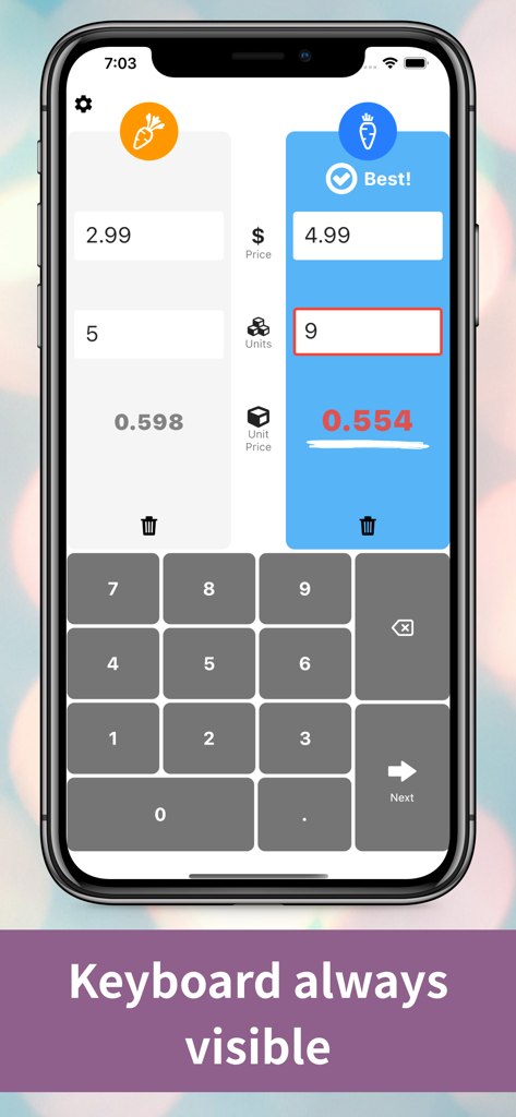 Shopping Unit Price Calculator - Comparison screen of the Shopping Unit Price Calculator app featuring two items and a built-in keypad.
