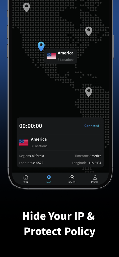 Outline VPN - Fast, Secure VPN - Outline VPN mobile app map showing server locations in the United States for hiding IP addresses.