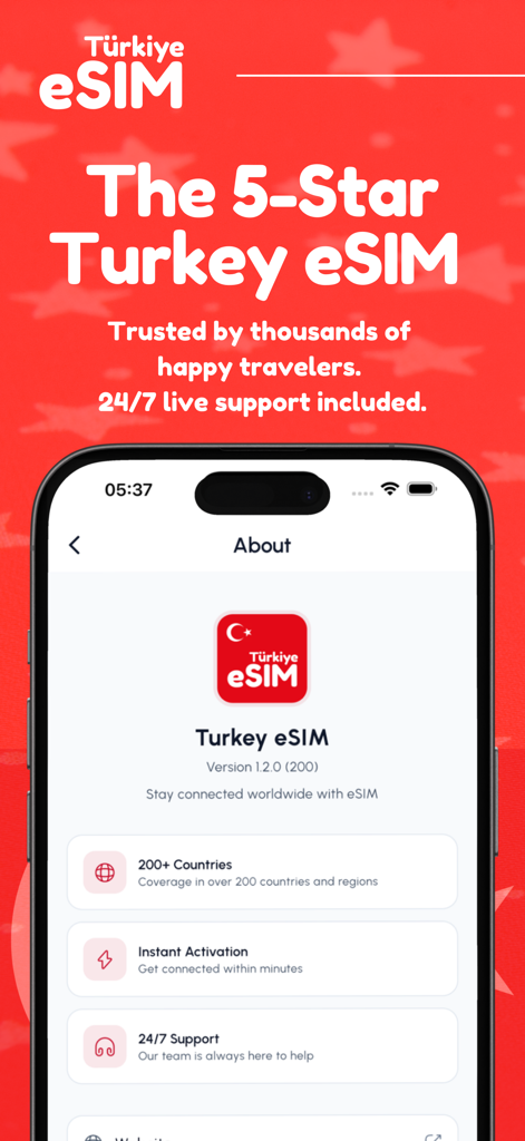 Página sobre do aplicativo eSIM Turquia mostrando cobertura global e recursos de ativação instantânea.