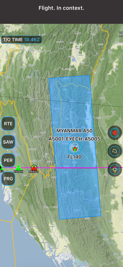 Navigation display in the FlightBrief app showing a flight path and situational awareness data on a 2D map