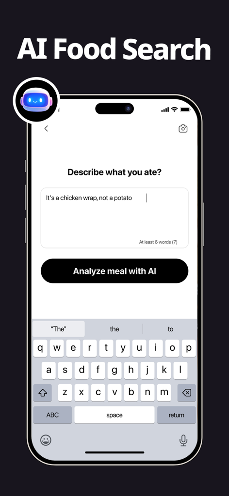 Interfaz de la aplicación móvil CalBye que muestra la pantalla de búsqueda de alimentos por IA donde los usuarios pueden describir su comida para el análisis de IA.