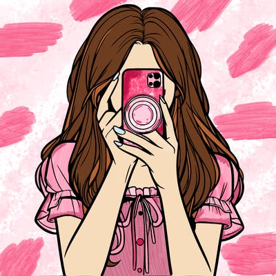 a realistic girl holding her phone taking pictures