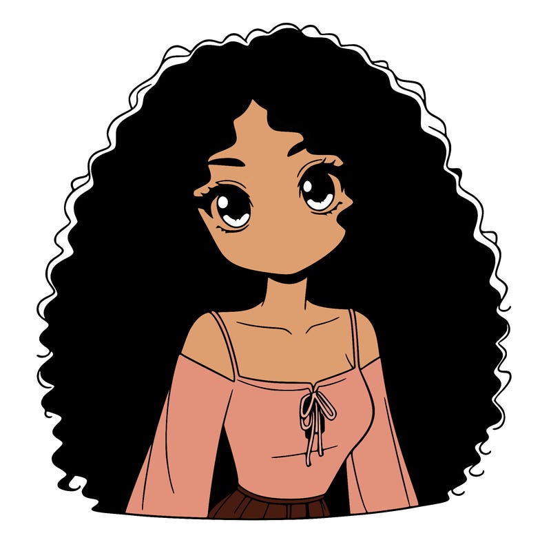 a black anime girl with long afro hair