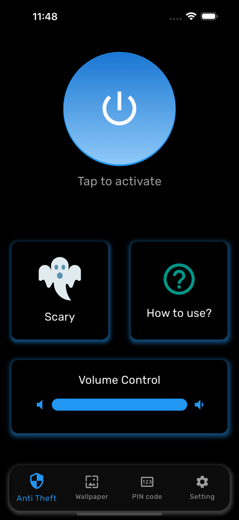 Don't Touch My Phone : Alarm° - Antitheft app interface featuring a large blue activation button and scary alarm sound option.