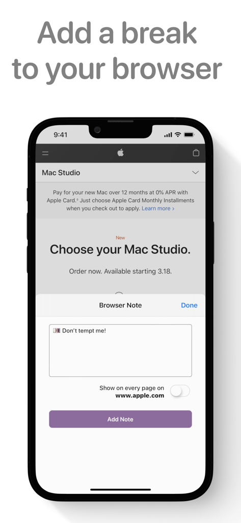 A screenshot of Browser Note on an iPhone showing an intentional friction reminder on a shopping website