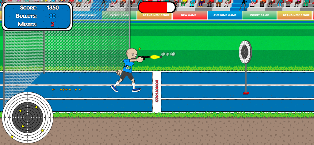 Ragdoll Sport - A cartoon ragdoll character shooting a pistol at a target in a sports arena mini-game.