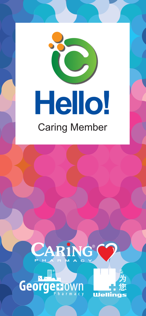Welcome screen of Caring Membership app with pharmacy logos