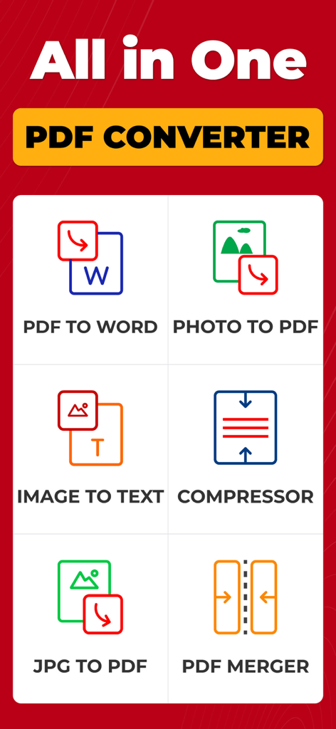 PDF Converter: Photo to PDF ! - Screenshot of a mobile app interface showing various PDF conversion tools including photo to PDF and image to text converter