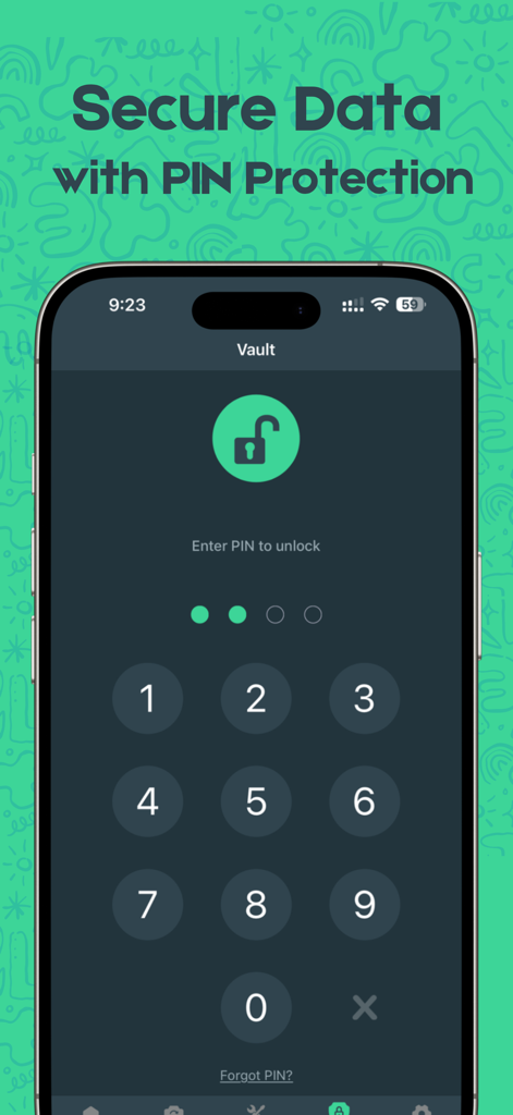 Secure vault screen with PIN protection to keep recovered photos and videos private
