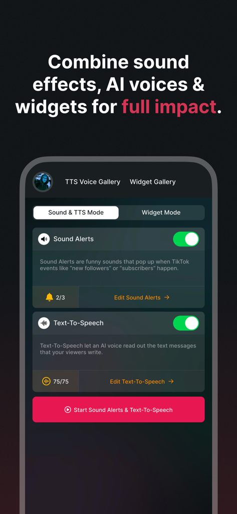 Tikfinity Mobile app interface showing configuration for Sound Alerts and Text-To-Speech AI voices.