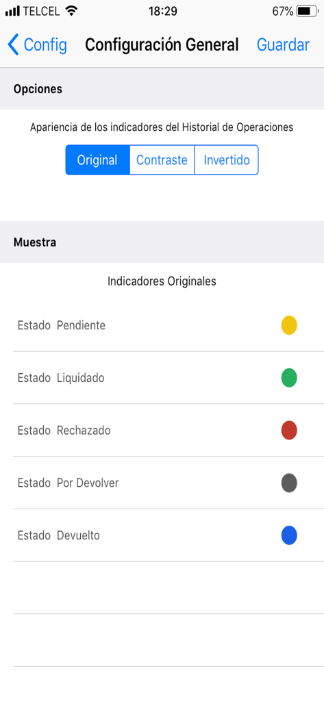 CoDi Banxico -solo para cobrar - CoDi Banxico app general settings screen showing color coded indicators for transaction statuses like pending and settled