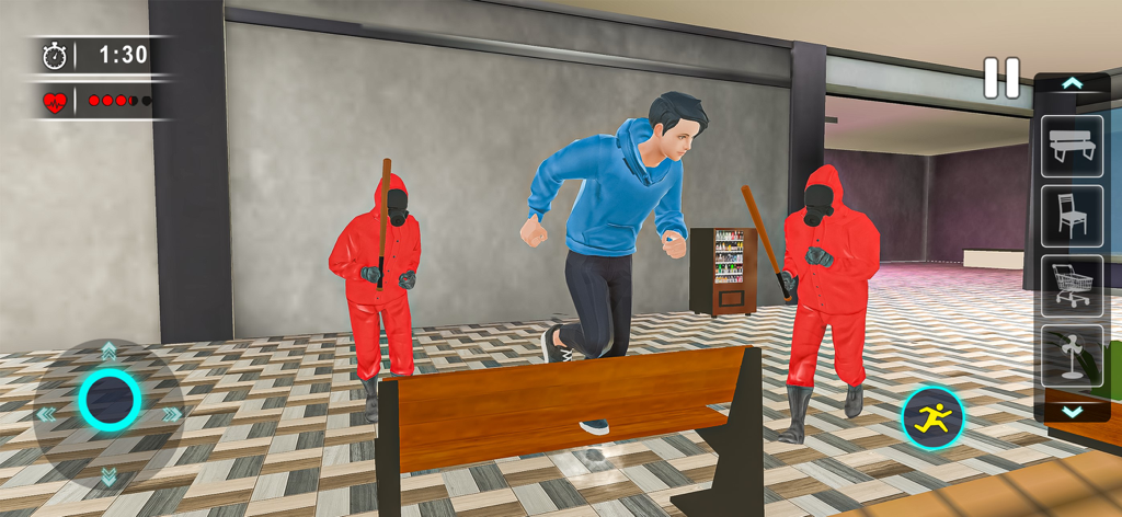 Gameplay screenshot showing a character in a blue hoodie escaping hunters in red suits inside a mall.