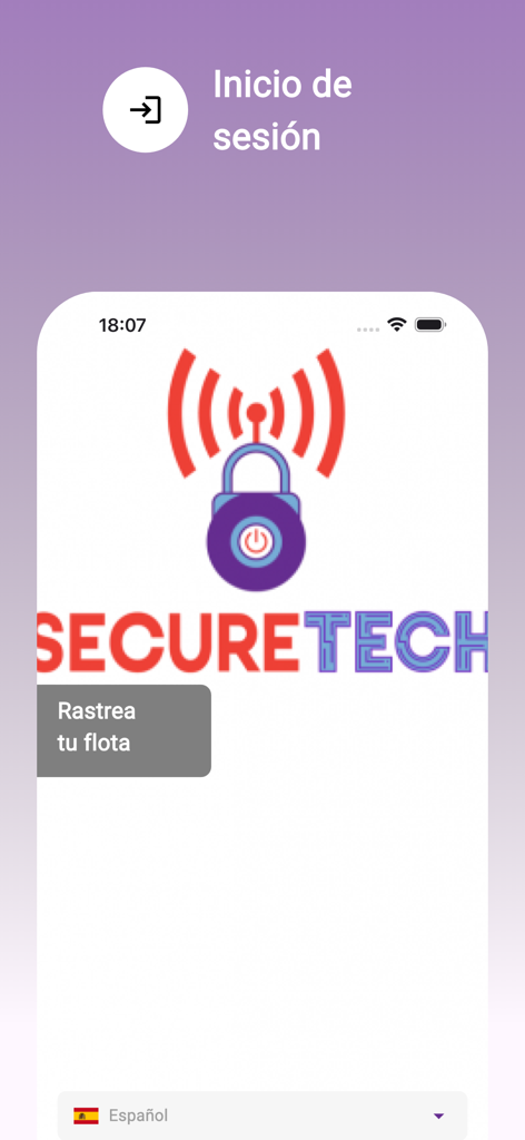 SECURETECH app login screen featuring GPS tracking and fleet management options