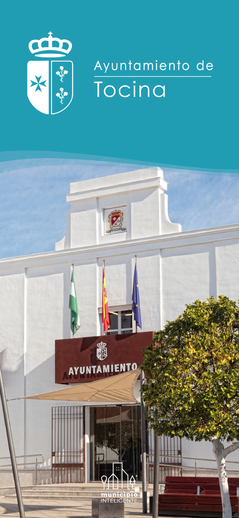 Ecrã de abertura da aplicação da Câmara Municipal de Tocina mostrando o edifício dos paços do concelho e o logótipo oficial