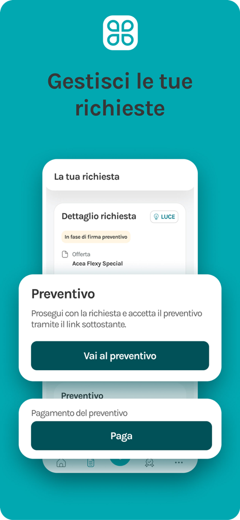 Una interfaz móvil para la aplicación MyAcea Energia que muestra los pasos para gestionar solicitudes de servicio, revisar presupuestos y completar pagos.