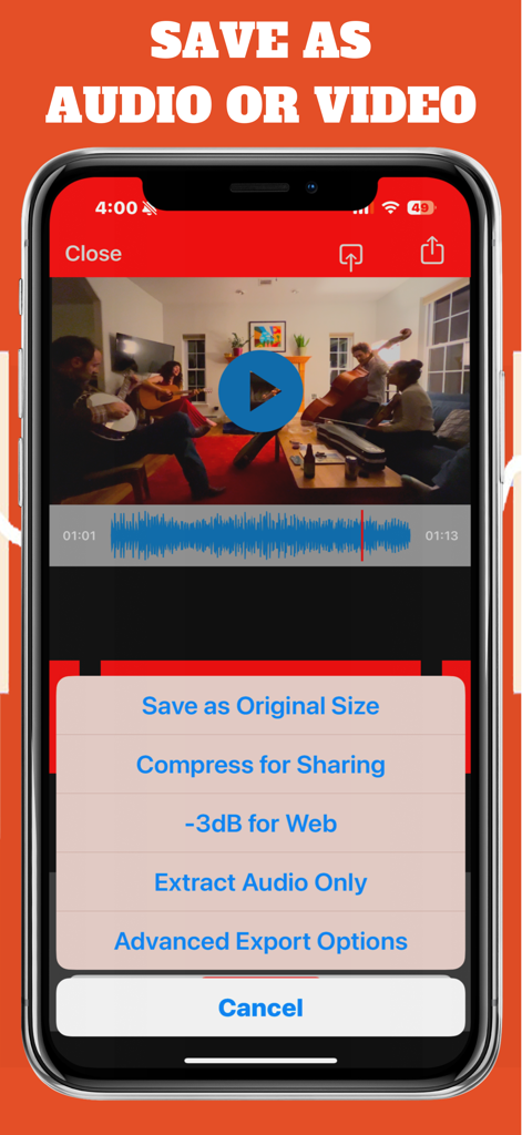 A screenshot of the VideoVerb app showing various export options for saving projects as audio or video files