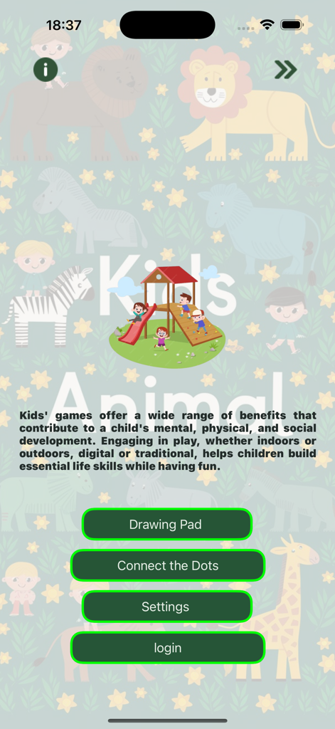 Main menu of the Antova kids app featuring drawing and puzzle options with animal illustrations
