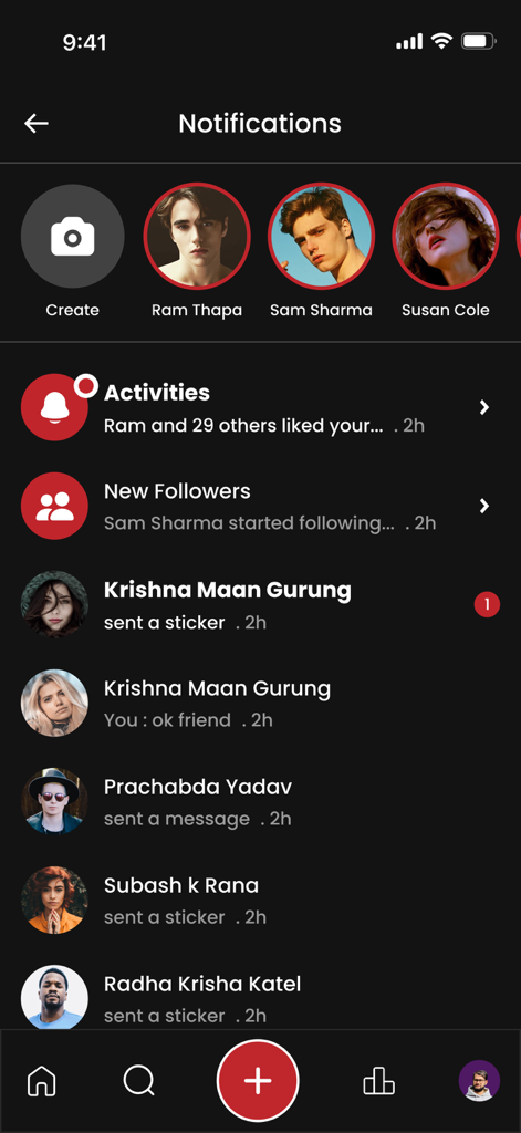 Tela de notificações do KuKu App exibindo atividades sociais e mensagens