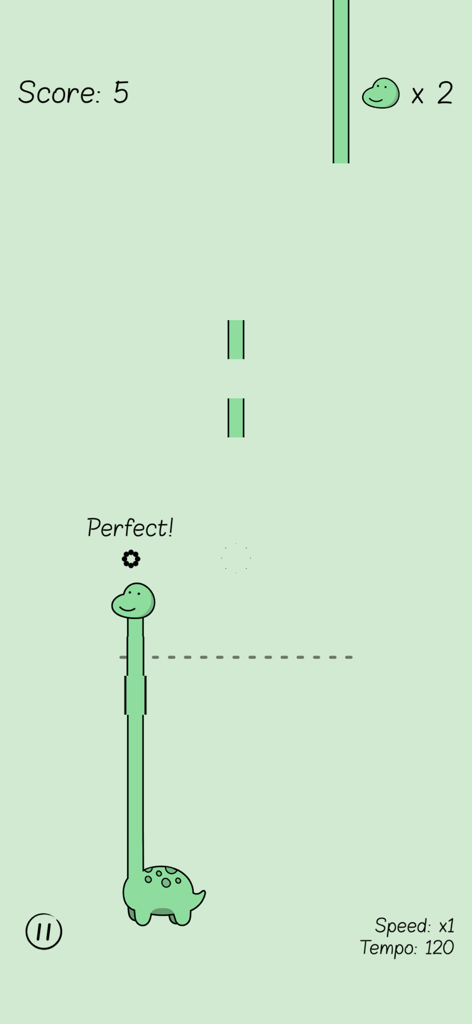 Gameplay screenshot of Like A Dino showing a green dinosaur catching falling neck segments in a minimalist rhythm game