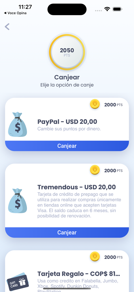 Que Opinas app interface showing options to redeem points for PayPal and gift cards