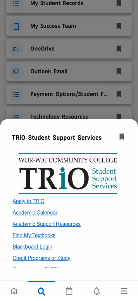 Wor-Wic Mobile - Interface do aplicativo Wor-Wic Mobile mostrando serviços de apoio estudantil e recursos acadêmicos
