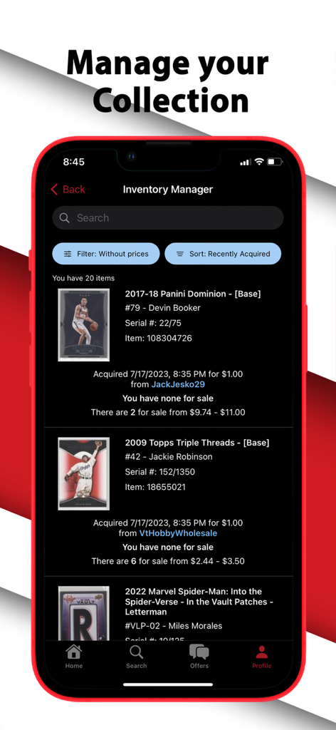 COMC - Check Out My Cards - The Inventory Manager screen of the COMC app showing a collection of trading cards with acquisition prices and market data