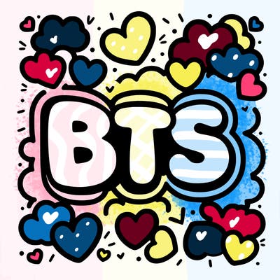 the letters “bts” in bubble letters surrounded by hearts