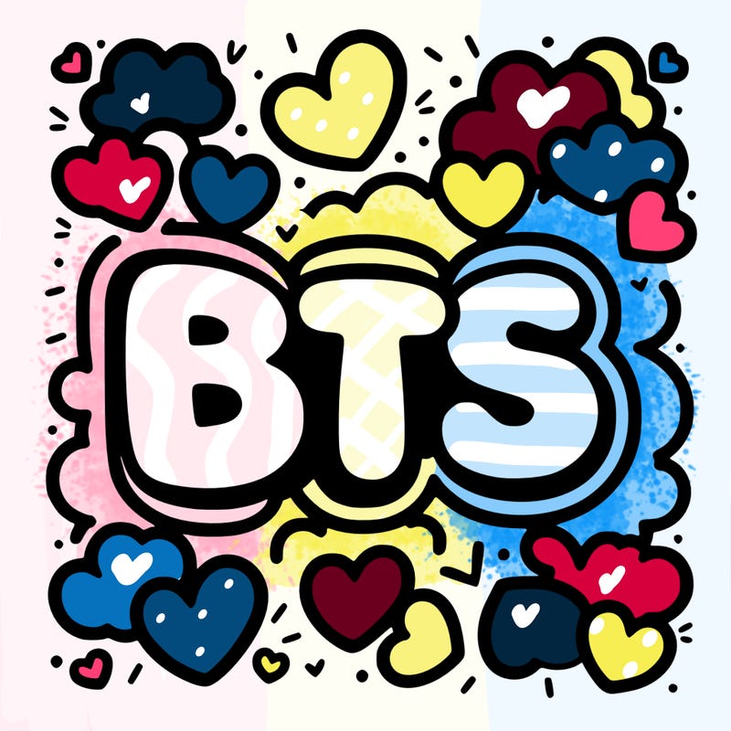the letters “bts” in bubble letters surrounded by hearts
