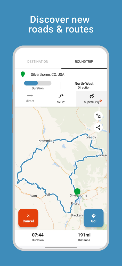 RISER - Motorcycle Routes - Motorcycle roundtrip planner in RISER app showing a supercurvy route in Colorado