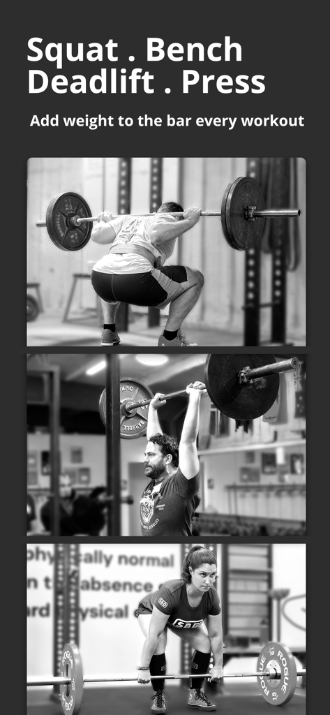Black and white photos demonstrating barbell squat overhead press and deadlift exercises with text highlighting linear progression