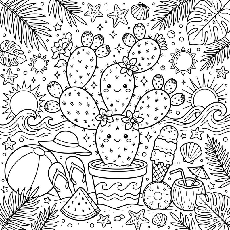Embrace the warmth of summer with this delightful prickly pear cactus coloring page. It's packed with charming beach elements, from playful cacti to refreshing treats, offering a perfect artistic escape.