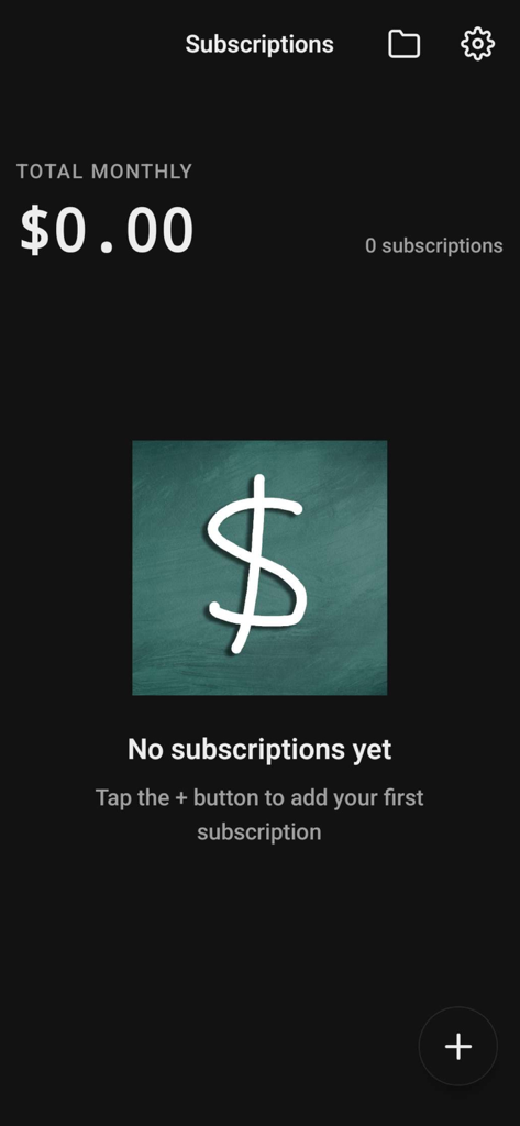 Simple Subscriptions Tracker - The empty state dashboard of the Simple Subscriptions Tracker app in dark mode showing zero monthly cost