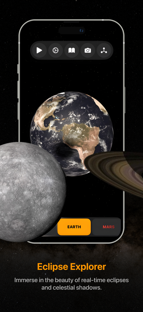 Pantalla de smartphone mostrando la aplicación Space Gate AR Solar System con una vista 3D de la Tierra y la Luna destacando la función Eclipse Explorer.