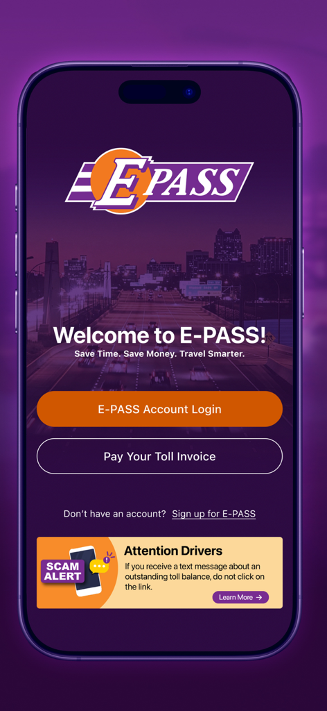 Welcome screen of the E-PASS Toll App featuring login and pay toll invoice buttons