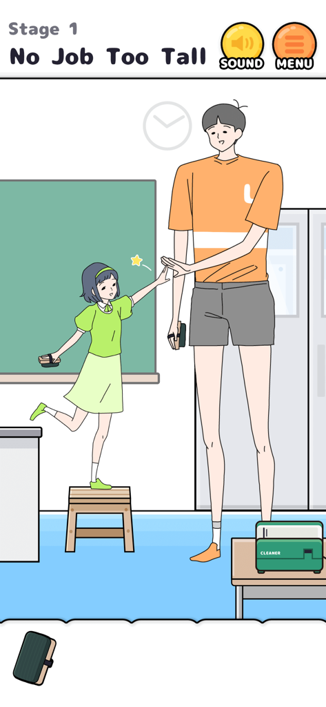 Tall Boy ayudando a un compañero a limpiar una pizarra en un nivel de puzle de aula.