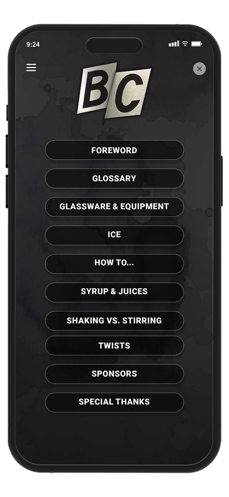 Bartender's Choice Vol.3 - Main menu of the Bartender's Choice Vol.3 app showing links to cocktail guides including glassware, ice, and mixology techniques