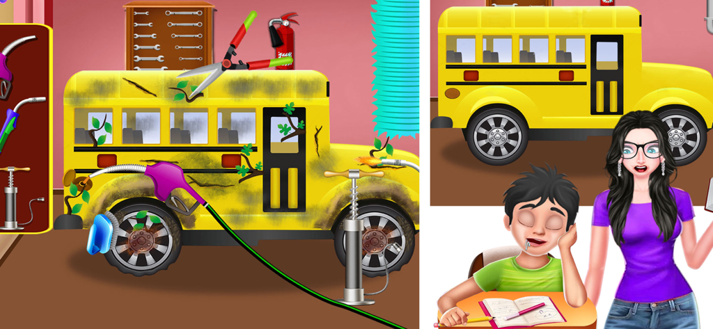 Crazy Mad Teacher Science Game - Gameplay showing a school bus repair mini game and a teacher looking at a sleeping student in a classroom