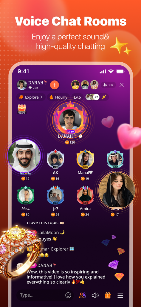Hoo Live - Hoo Live app interface showing a multi-user voice chat room with user avatars and virtual gifts like a golden ring and hearts