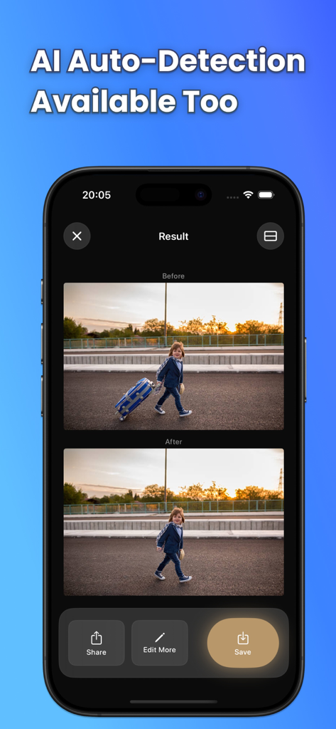 AI Eraser - Remove Objects - An iPhone screen displaying a before and after result of a suitcase being removed from a photo.