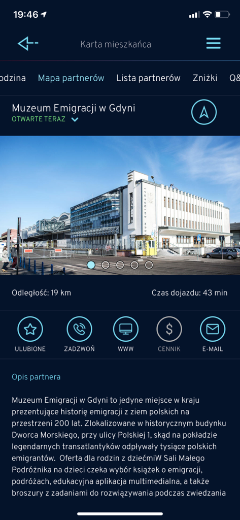 Gdynia.pl - Details page of the Emigration Museum in the Gdynia.pl mobile application showing a photo of the building and contact options