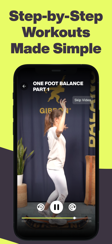 Gibbon Balance App - A woman practicing one foot balance on a Giboard with a step-by-step video tutorial in the Gibbon Balance App.