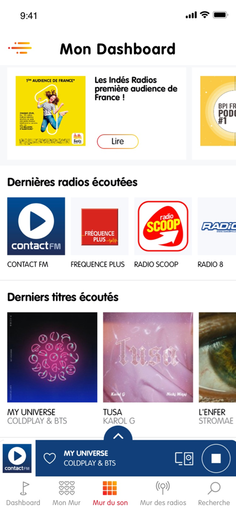 Les Indés Radios - User dashboard of Les Indes Radios app displaying recently played French radio stations and music tracks