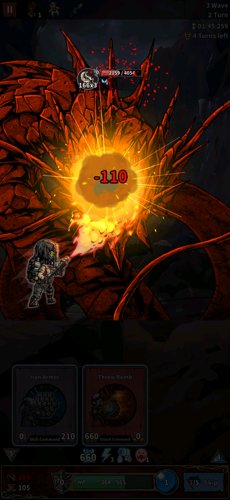 Slay the Titan : Deckbuild RPG - Un personaje atacando a un titán rojo masivo en una batalla de RPG de construcción de mazos con cartas de habilidad visibles en la parte inferior